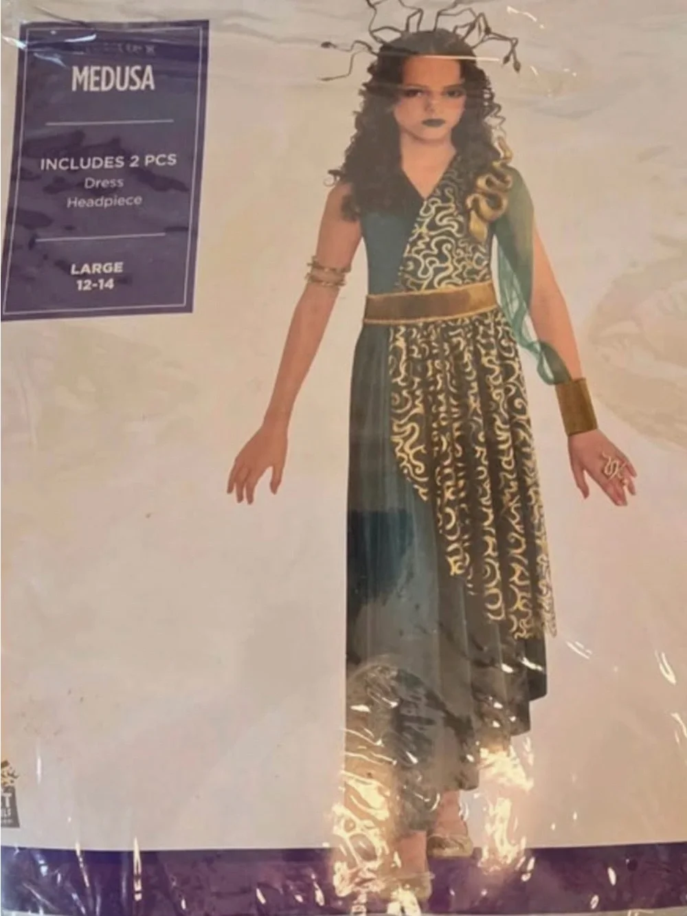 Girls' Green and Gold Halloween Costume Dress with Headpiece